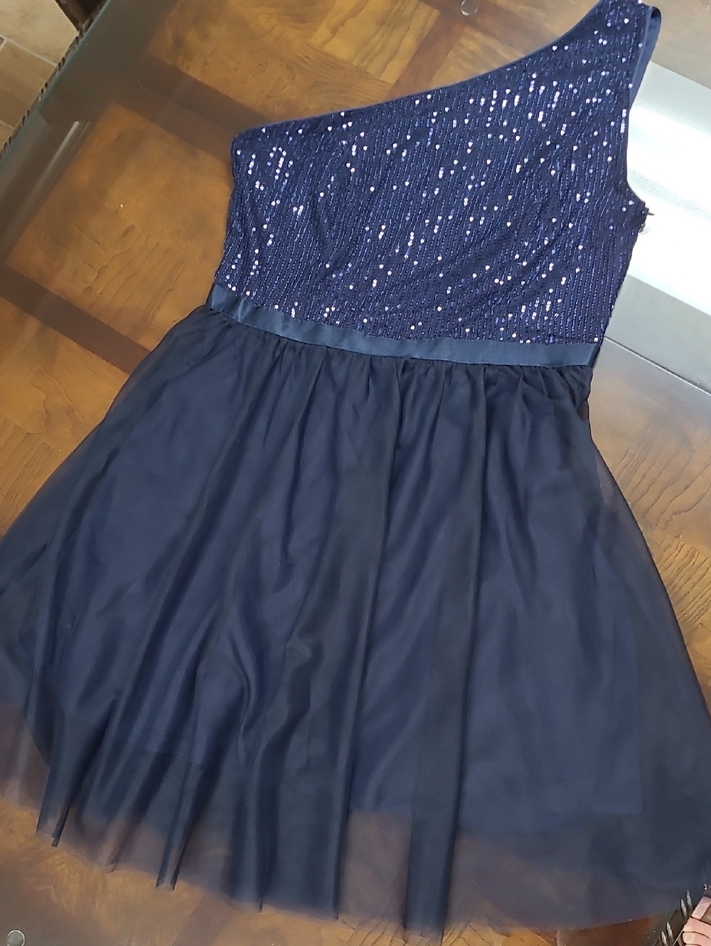 Navy One-Shoulder Sequin Tulle Dress